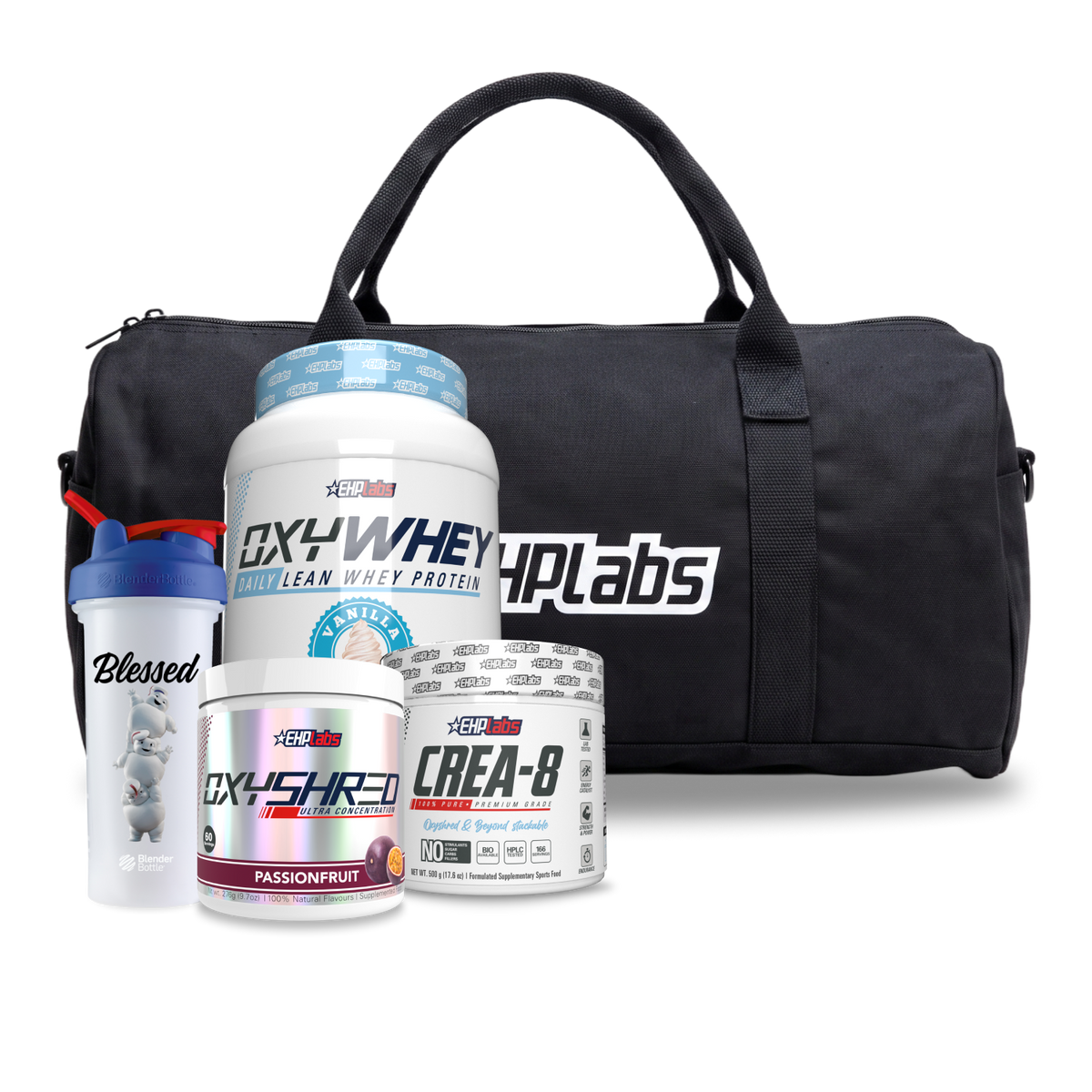 Lean Gains Stack bundle with OxyWhey protein, Crea-8 creatine, OxyShred, duffel gym bag and Mini Pufts shaker