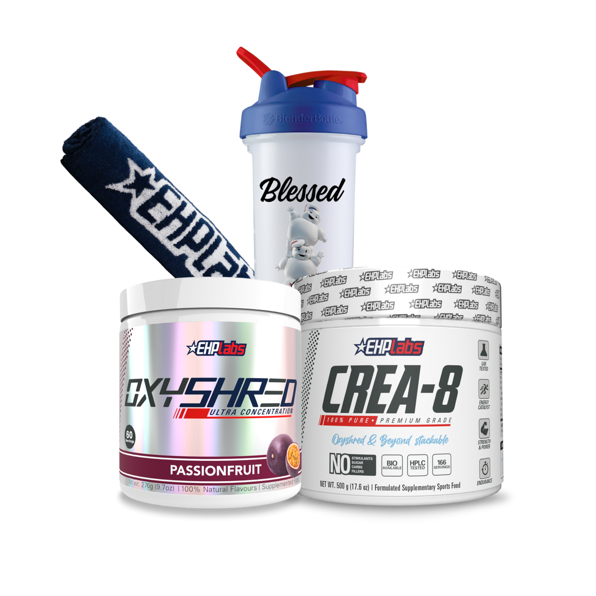 OxyShred + Creatine Stack bundle with OxyShred, Crea-8 creatine monohydrate, navy gym towel and Mini Pufts shaker