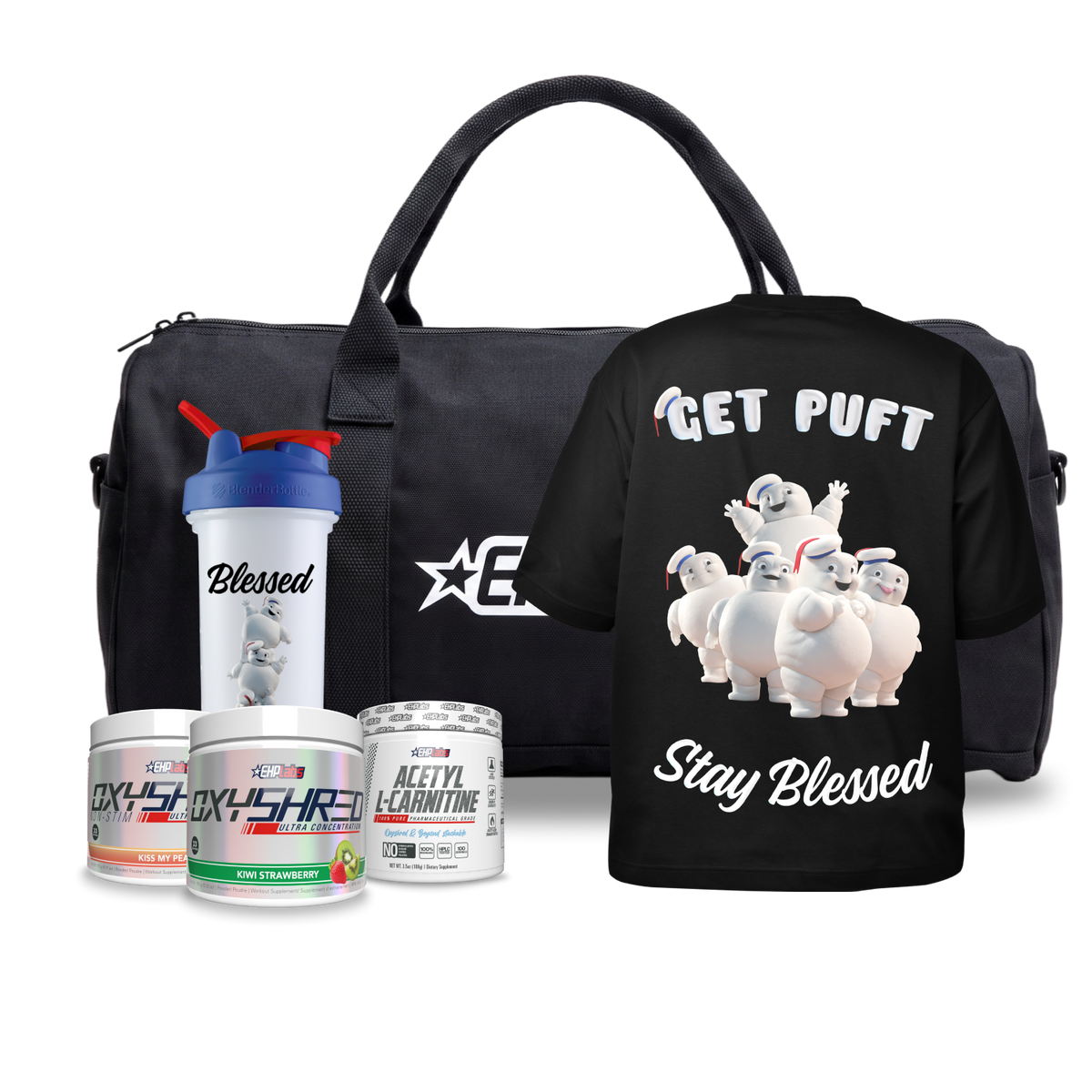 Shred Trio Stack bundle with OxyShred 33 serves, Acetyl L-Carnitine, duffel gym bag, Mini Pufts shaker and tee